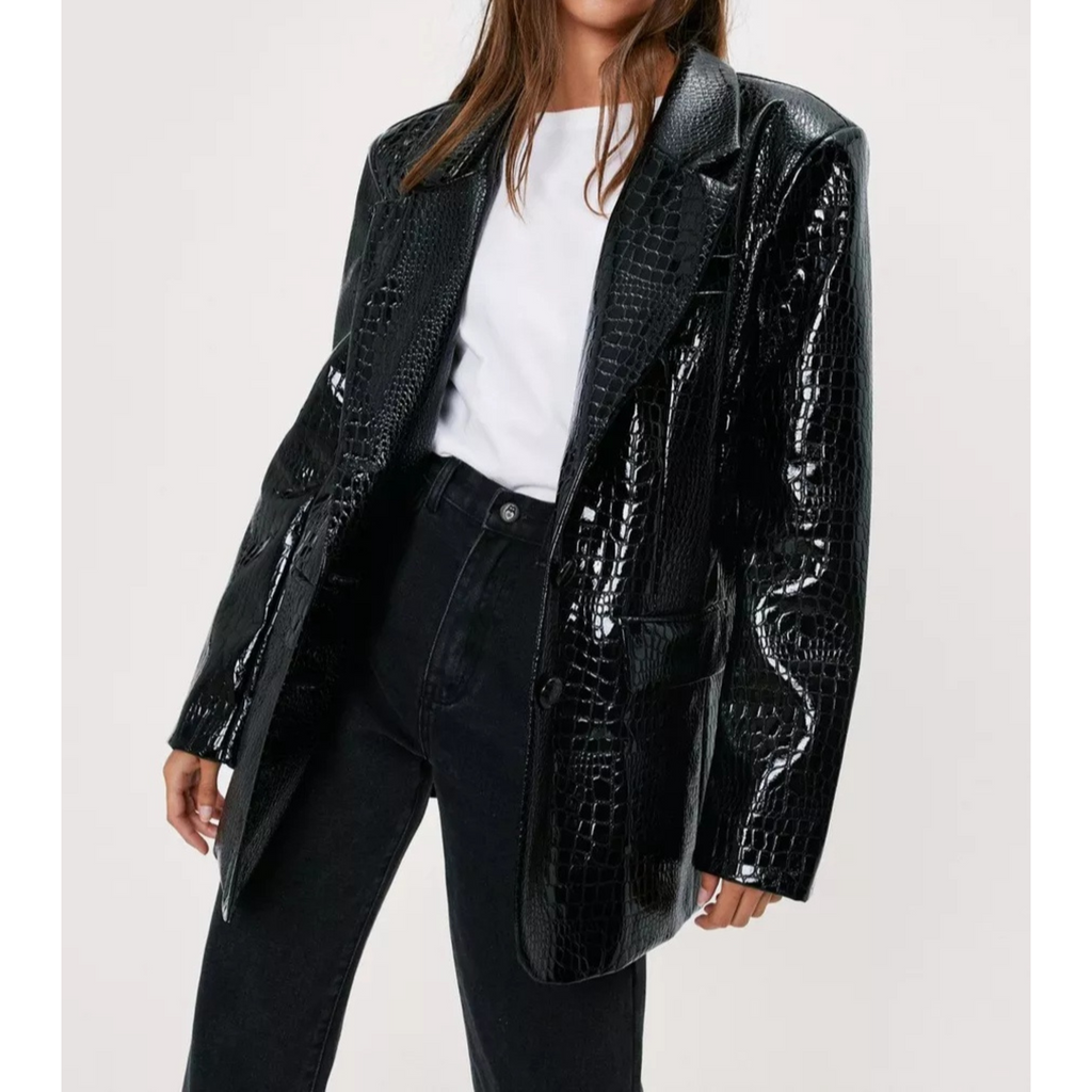 Women's Black Patent Croc Embossed Effect Vinyl Effect Genuine Leather Blazer
