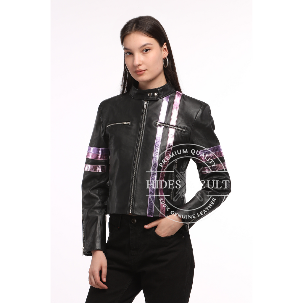 Womens Black Racer Leather Jacket with Metallic Foil Stripes
