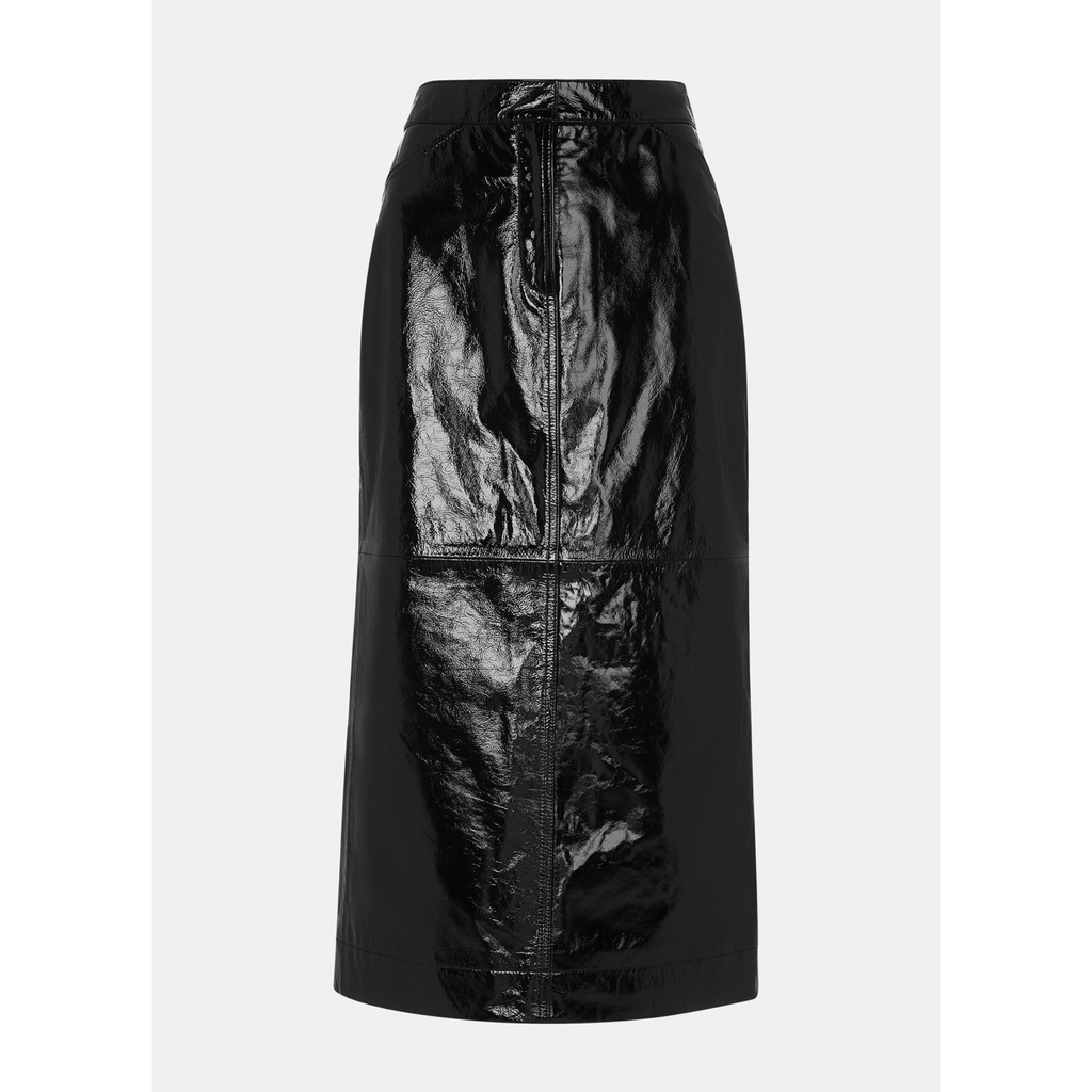 Womens Black Patent Vinyl Effect Panelled A Line Long Leather Skirt
