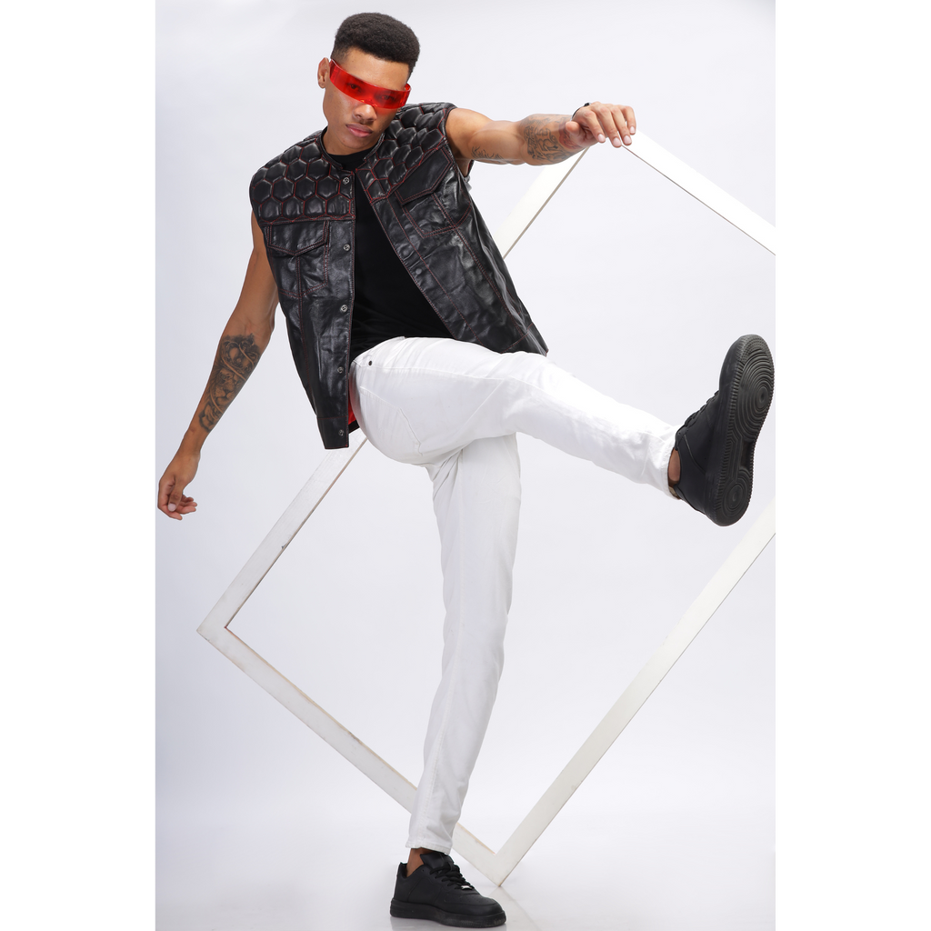 Mens Black Honeycomb Quilted Leather Vest Coat