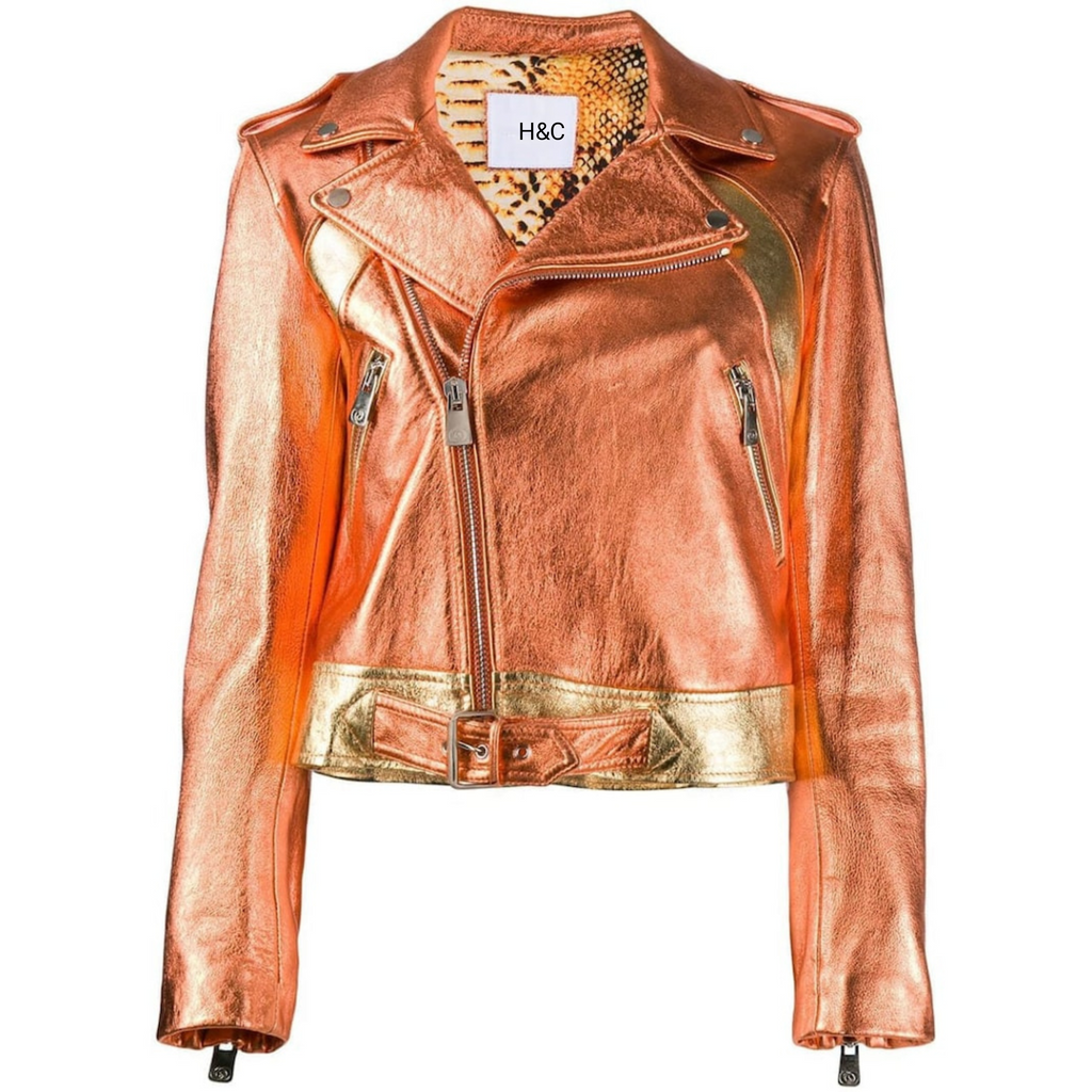 Women's Orange Gold Two Tone Metallic Foil Effect Motorcycle Biker Leather Jacket