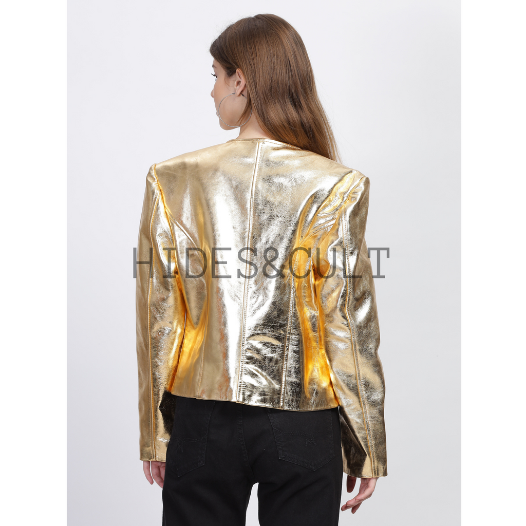 Women's Gold Metallic Foil Effect Round Neck Cropped Real Leather Jacket