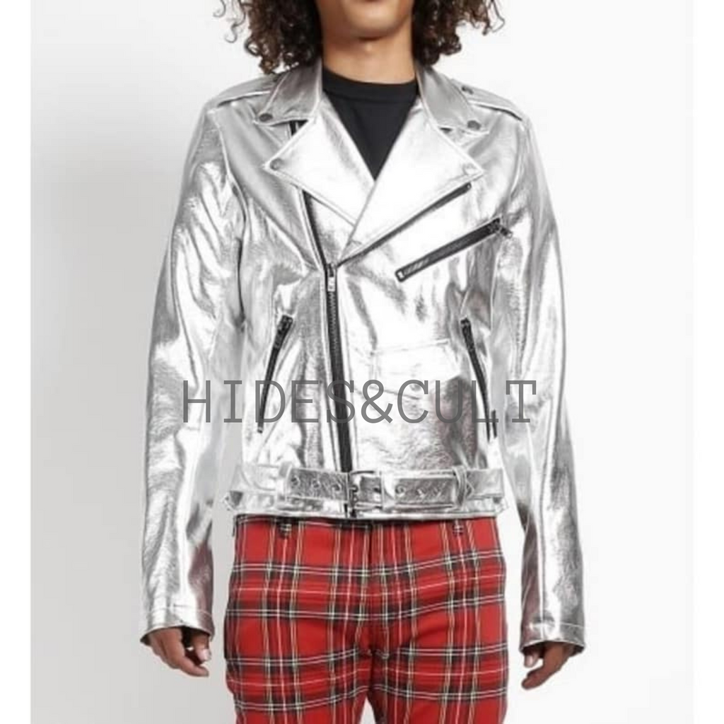 Mens Silver Metallic Foil Effect Slim Fit Motorcycle Biker Leather Jacket