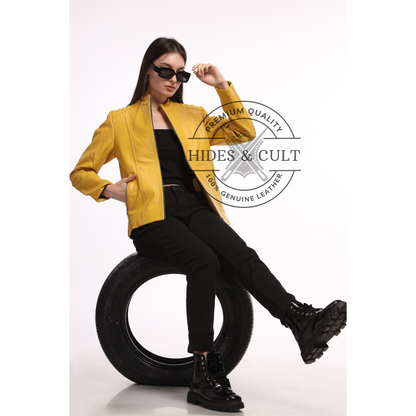 Womens Yellow Genuine Lamb Leather Jacket