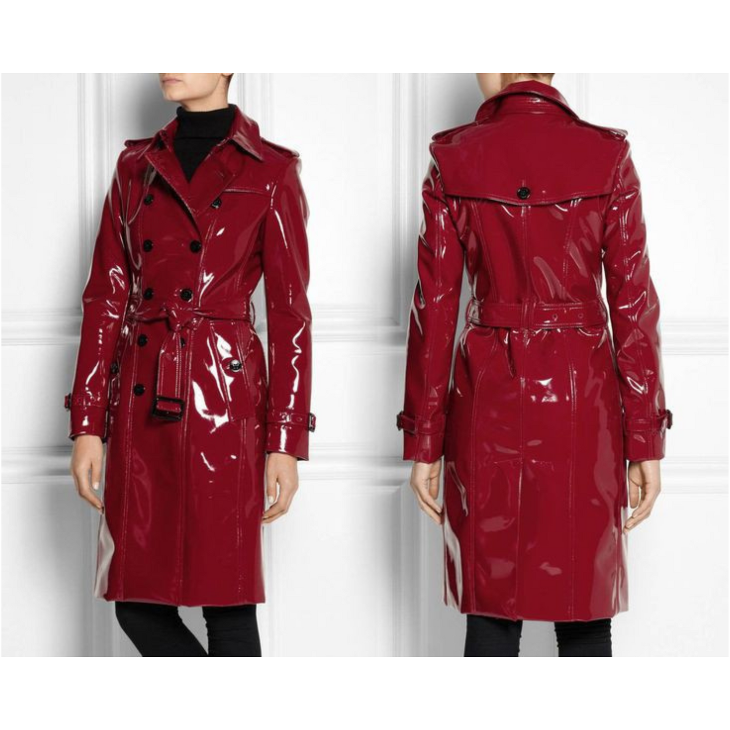 Womens Dark Red Patent Double Breasted Real Leather Trench Coat