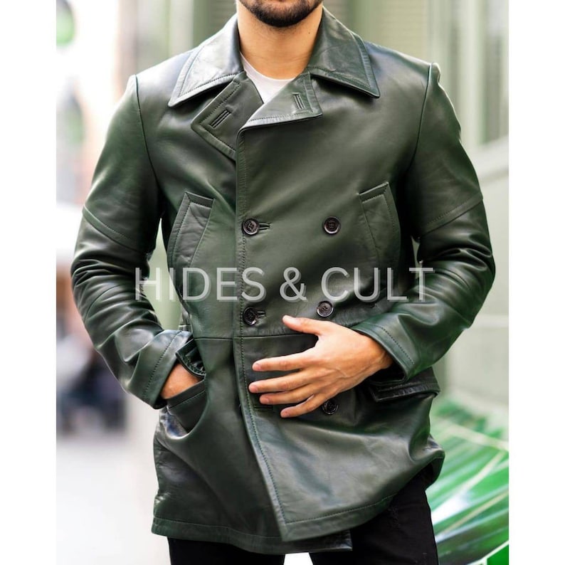 Mens Olive Green Double Breasted Leather Trench Coat Short Coat