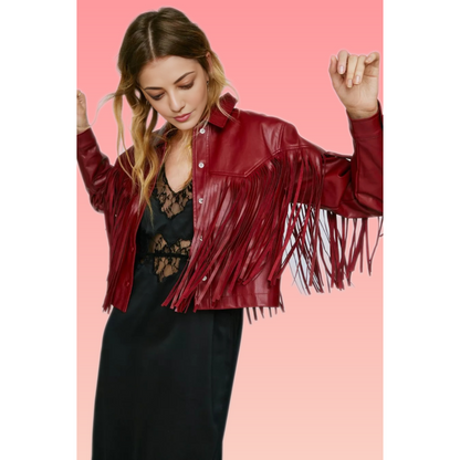 Women's Dark Red Fringed Real Leather Shirt Jacket | Hides&Cult