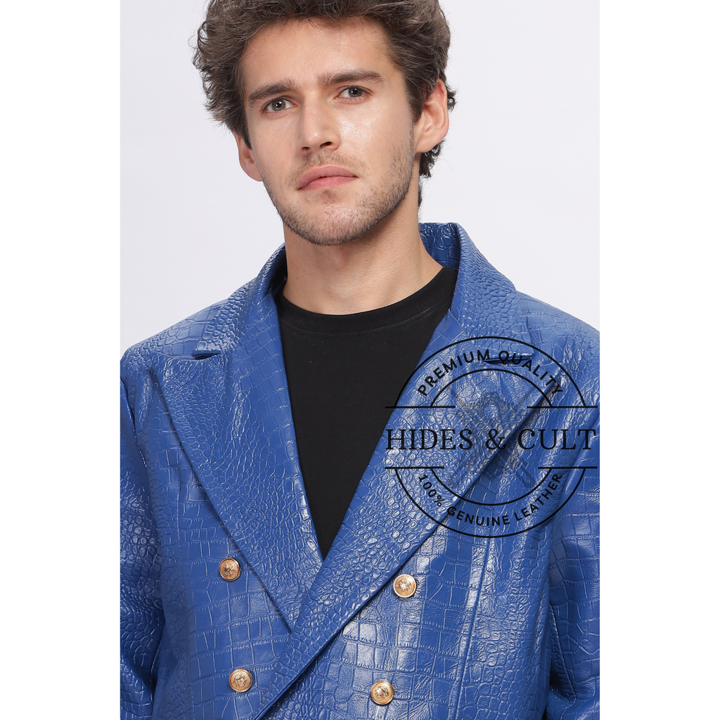 Mens Electric Blue Double Breasted Croc Leather Blazer