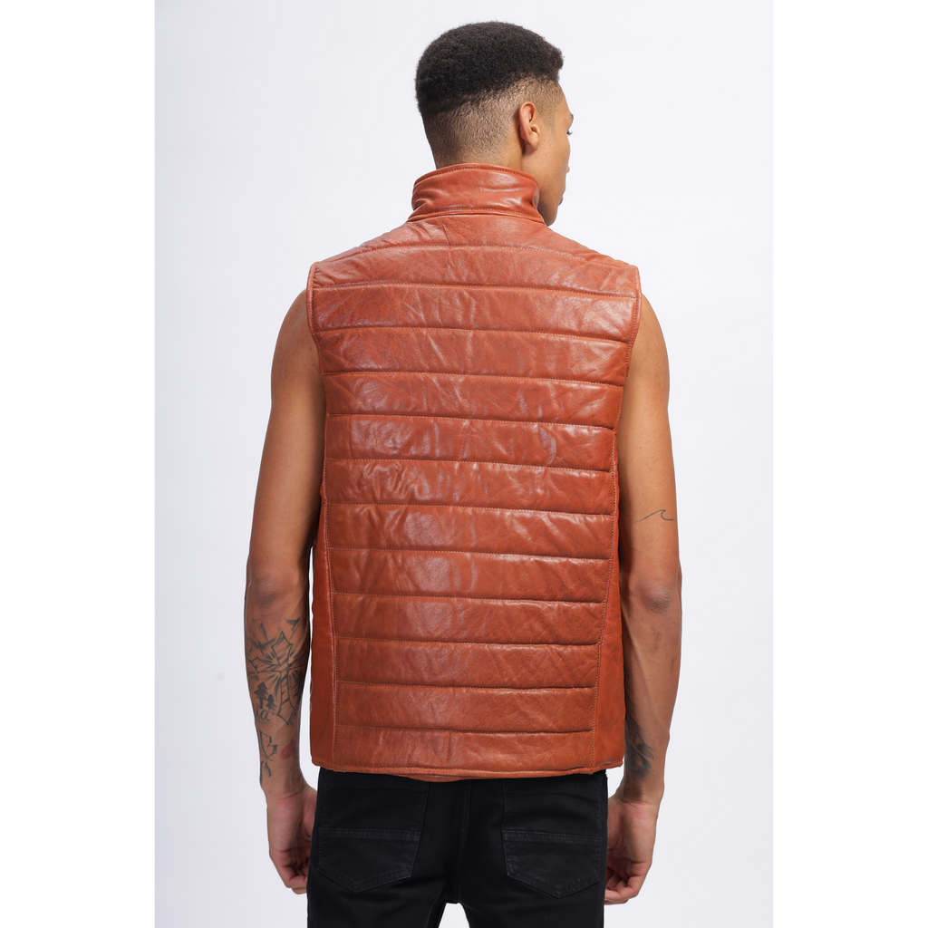 Mens Vintage Crunch Tan Puffer Style Crackle Leather Down Vest Jacket