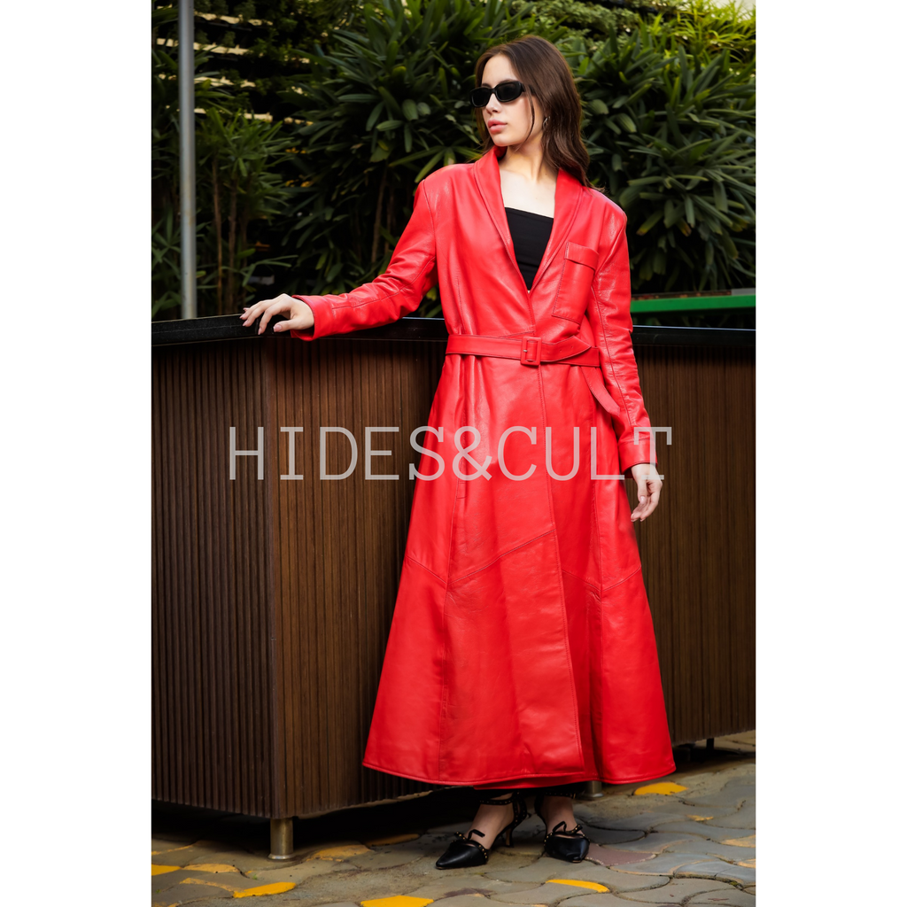 Women's Red Genuine Leather Long Maxi Dress
