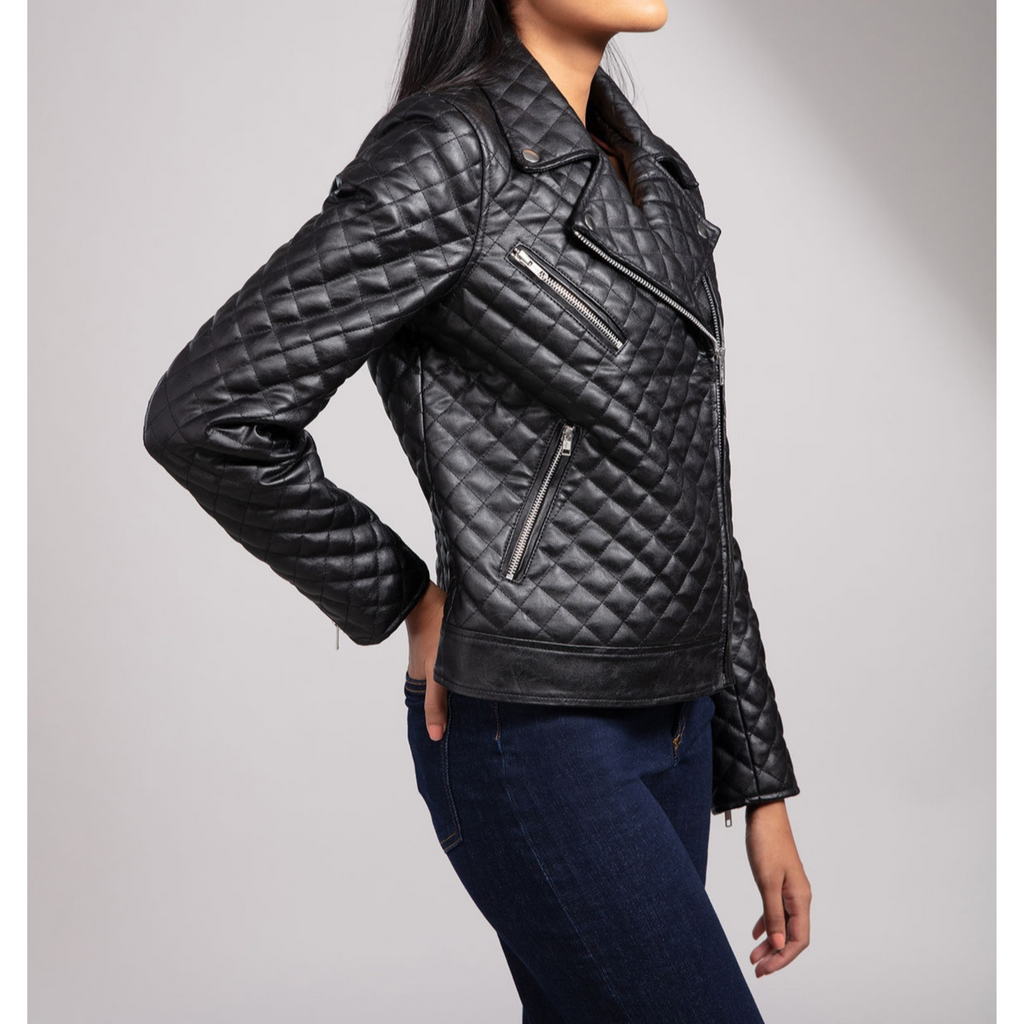 Women's Black Quilted Motorcycle Biker Leather Jacket