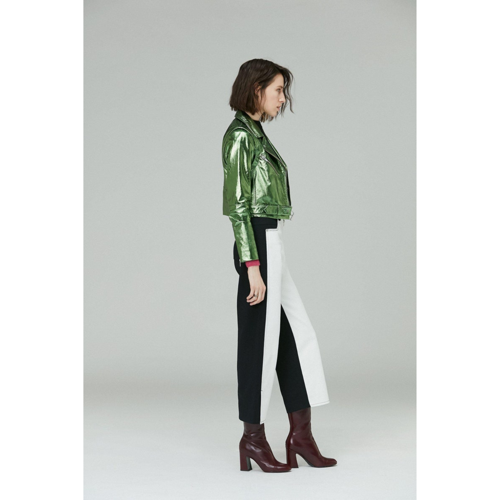 Women's Green Metallic Foil Cropped Motorcycle Biker Leather Jacket