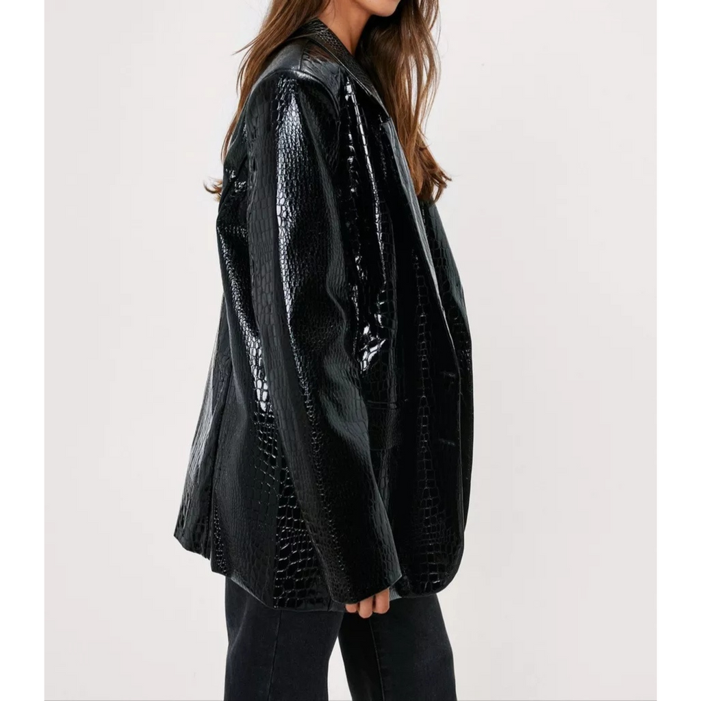 Women's Black Patent Croc Embossed Effect Vinyl Effect Genuine Leather Blazer