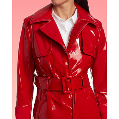 Gal Gadot Red Notice The Bishop Red Patent Leather Trench Coat