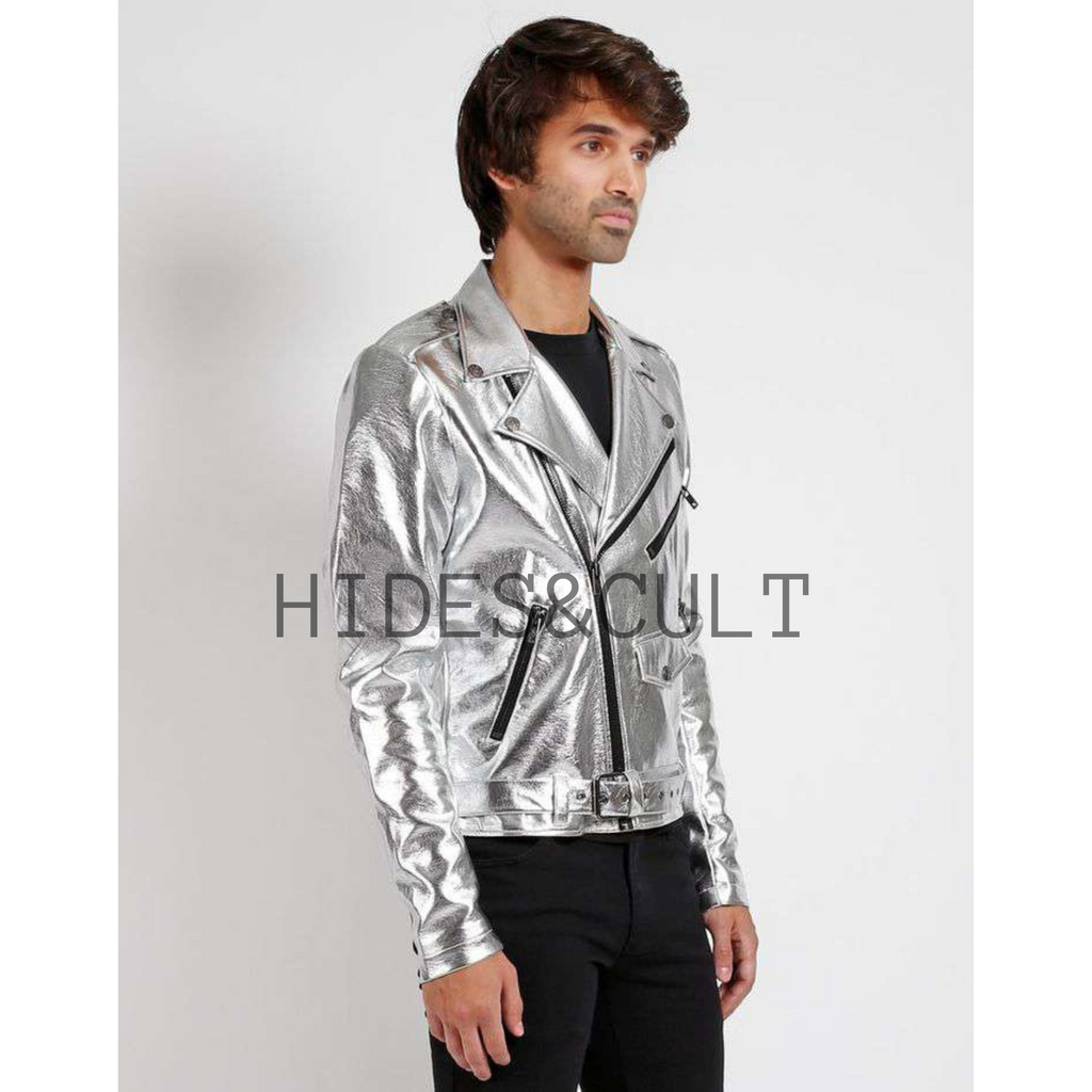 Mens Silver Metallic Foil Effect Slim Fit Motorcycle Biker Leather Jacket