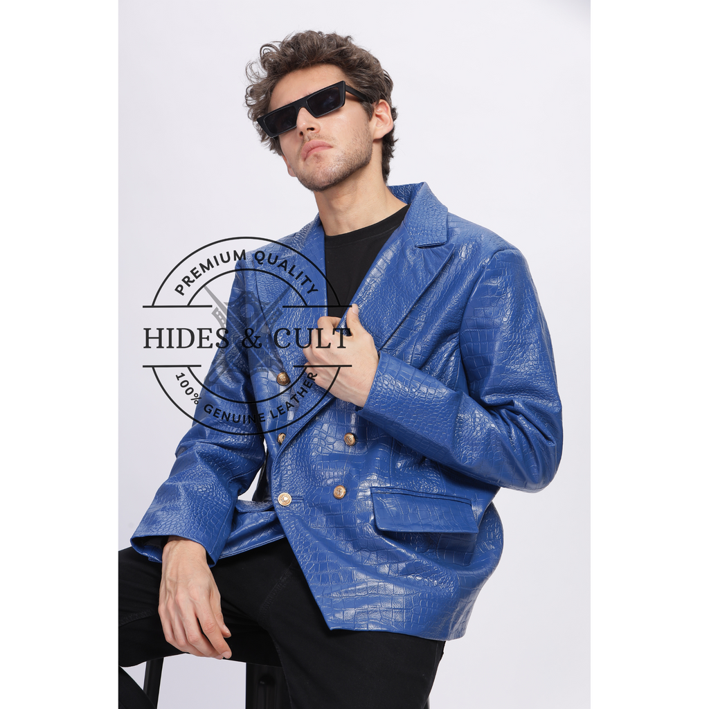 Mens Electric Blue Double Breasted Croc Leather Blazer
