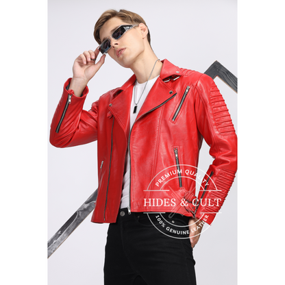 Mens Rich Red Slim Fit Motorcycle Biker Leather Jacket