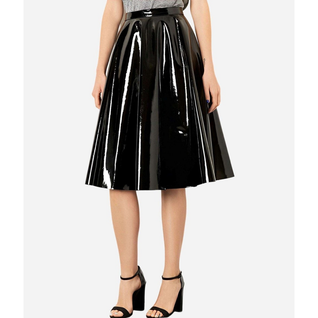 Women's Black Patent Vinyl Effect Pleated Genuine Leather Skirt
