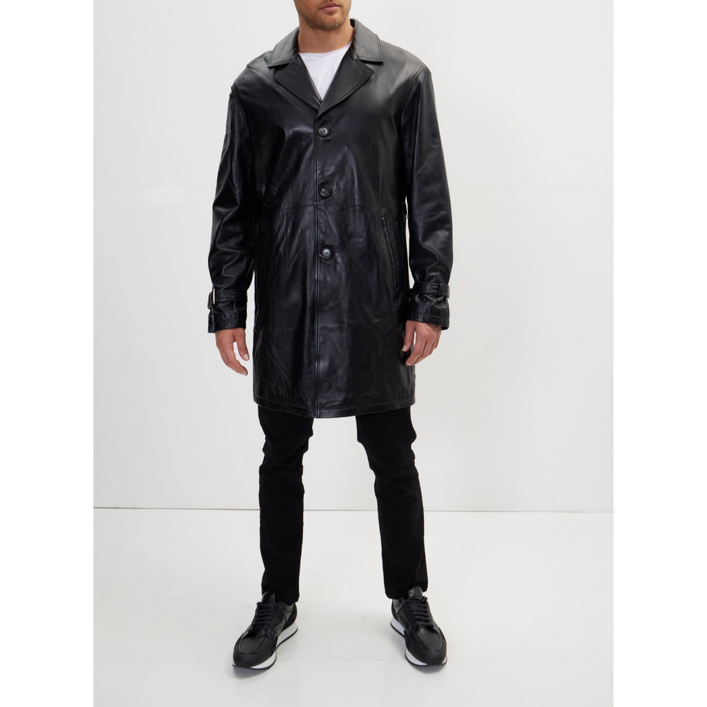 Men's Red Belted Genuine Leather Trench Coat