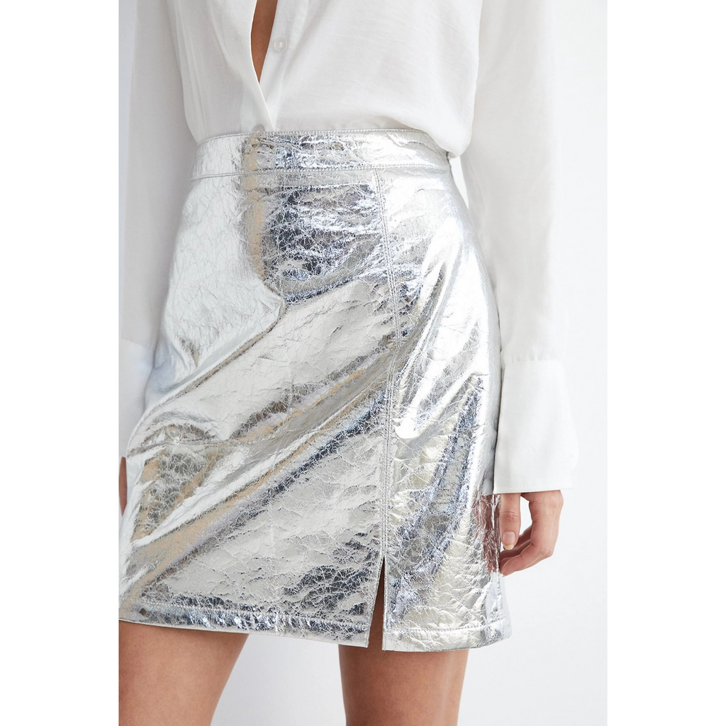 Womens Electric Blue Crush Metallic Foil EffectGenuine Leather Mini Skirt