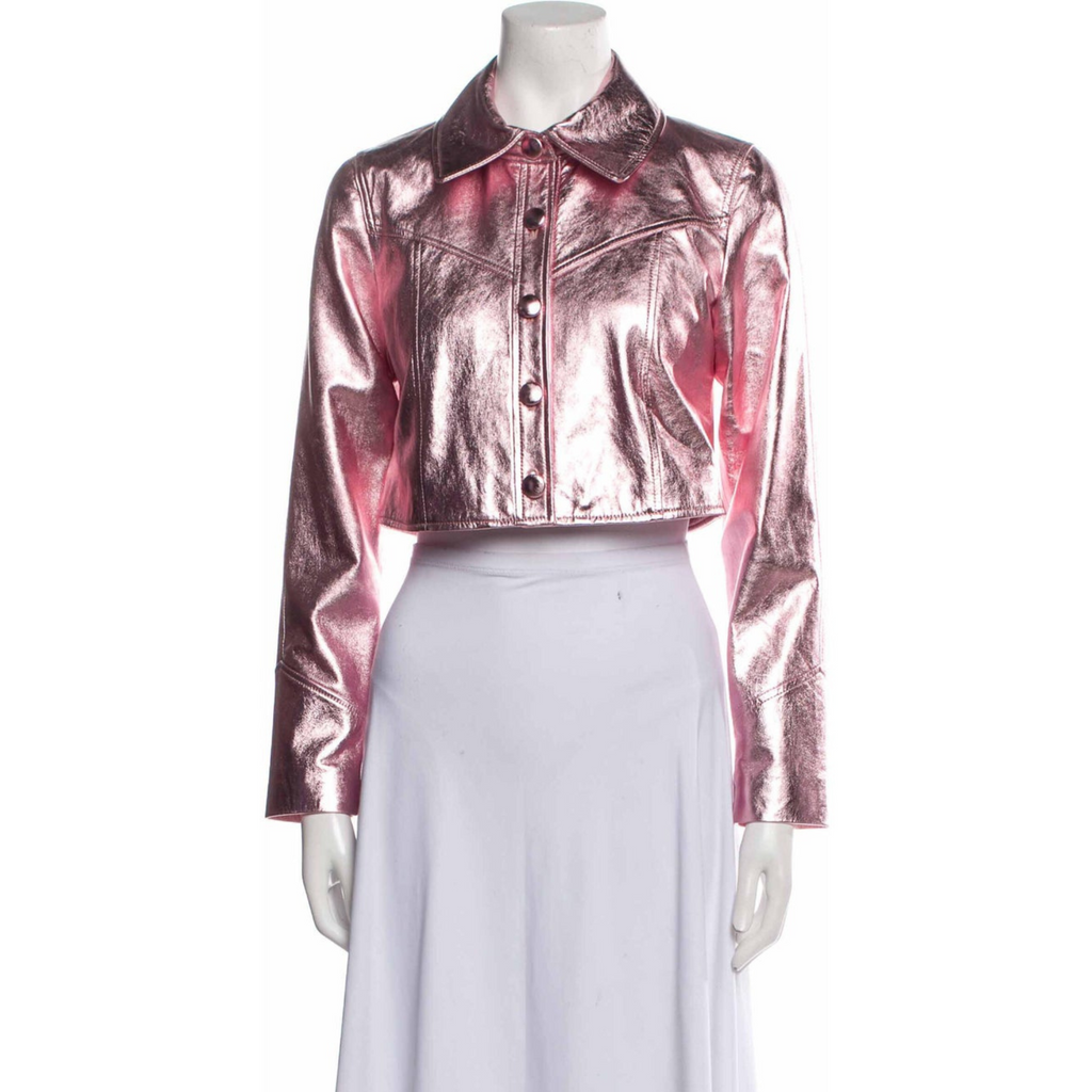 Women's Pink Metallic Foil Cropped Denim Style Leather Jacket
