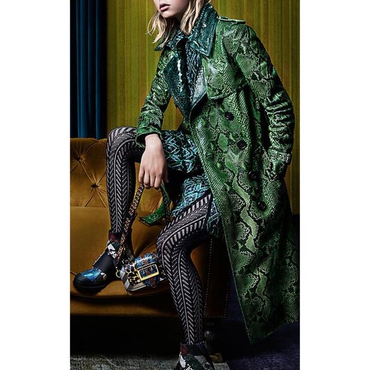 Women's Green Snake Print Effect Double Breasted Real Leather Trench Coat