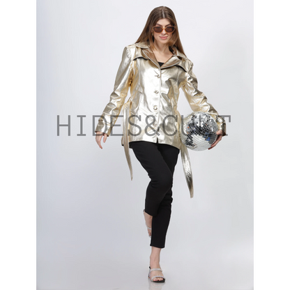 Womens Gold Metallic Foil Effect Belted Short Leather Trench Coat