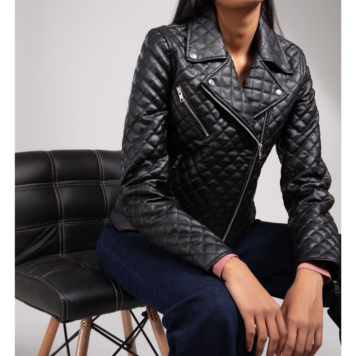 Women's Black Quilted Motorcycle Biker Leather Jacket