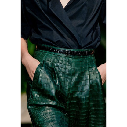 Women's Emerald Green Croc Embossed Effect Panelled Genuine Leather Skirt | Hides&Cult