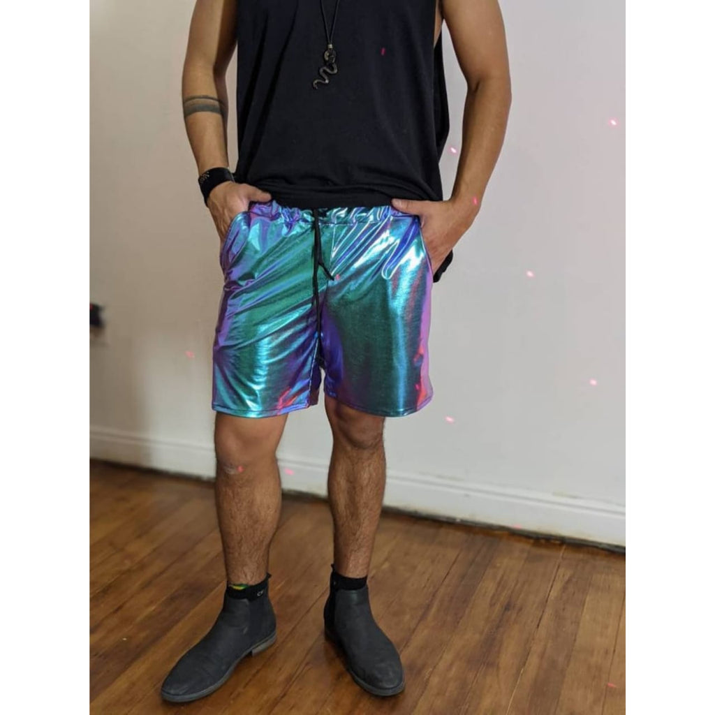Mens Iridescent Purple Metallic Foil Rave Punk Style Genuine Leather Shorts