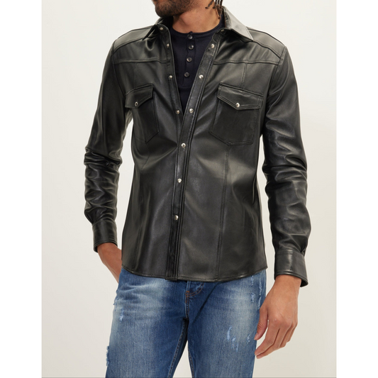 Mens Black Denim Leather Shirt