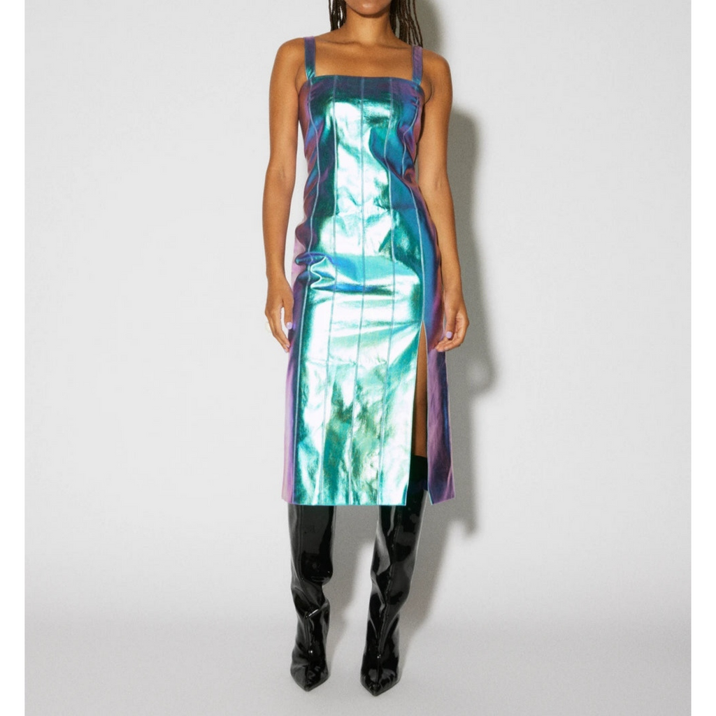 Women's Iridescent Blue Metallic Foil Panelled Leather Dress