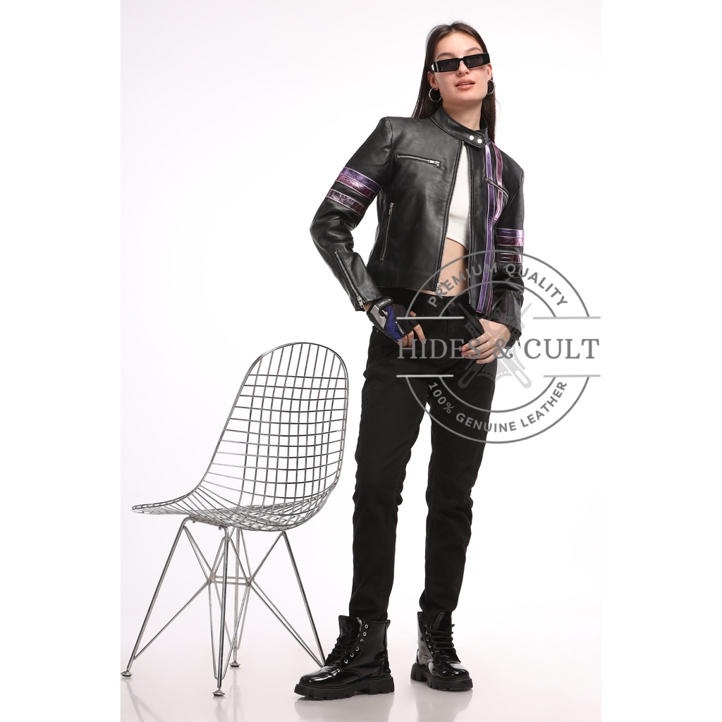 Womens Black Racer Leather Jacket with Metallic Foil Stripes