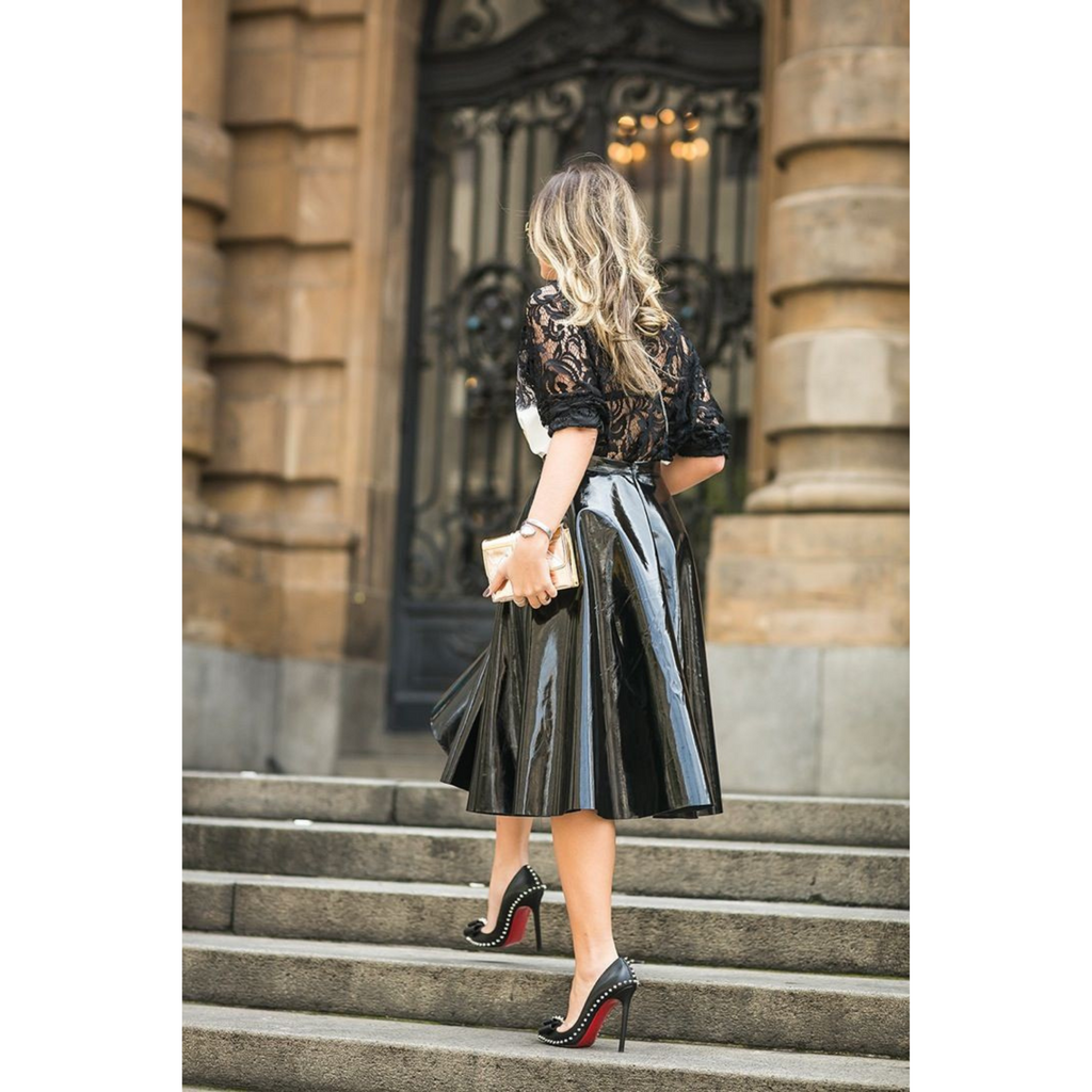 Women's Black Patent Vinyl Effect Pleated Genuine Leather Skirt