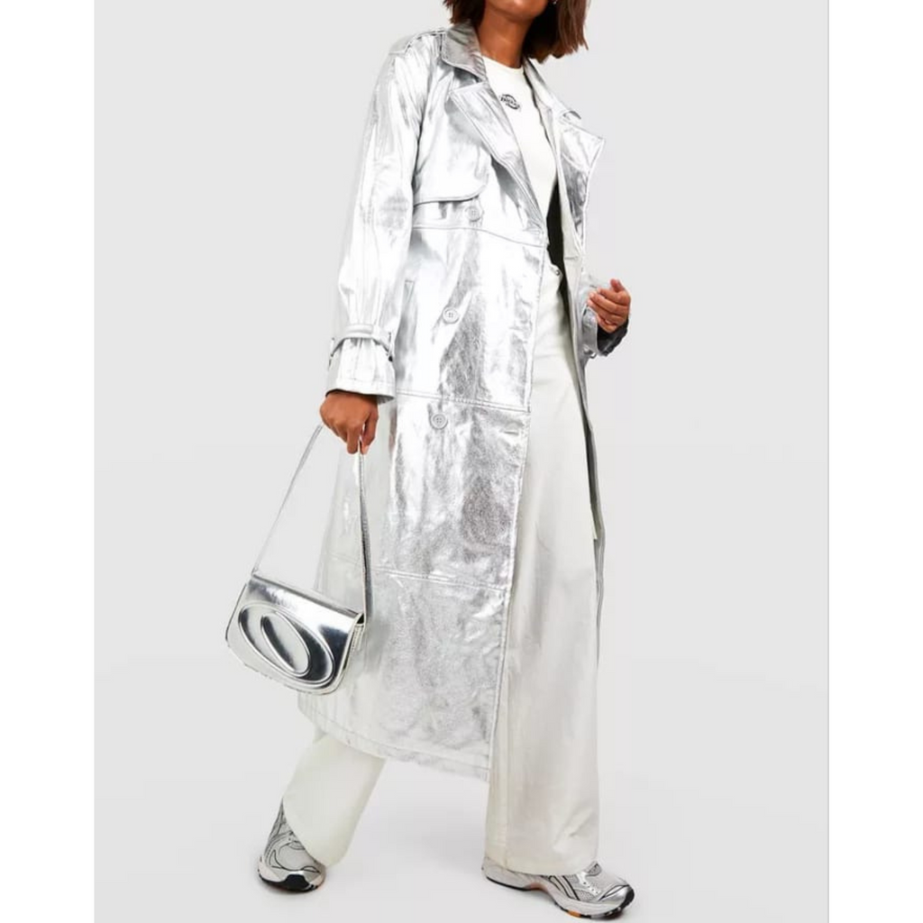 Women's Silver Metallic Foil Effect Double Breasted Real Leather Trench Coat
