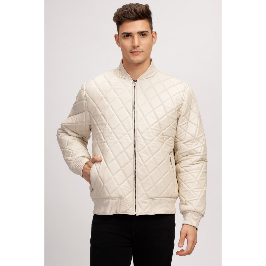 Mens Off White Diamond Quilted Bomber Leather Jacket