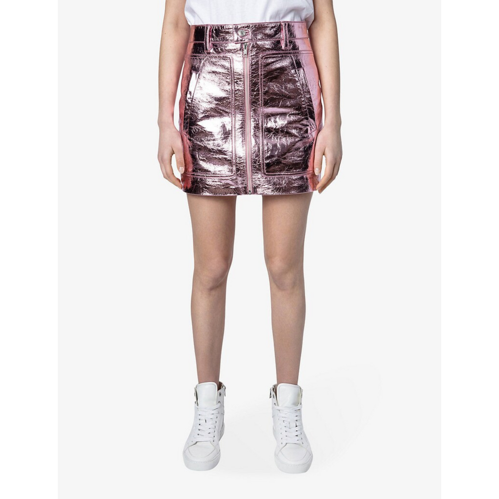 Women's Candy Pink Metallic Foil Effect Mini Leather Skirt