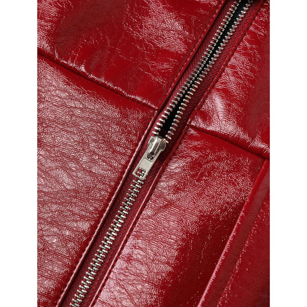 Women's Maroon Red Patent Vinyl Effect Buckled Pleated Hem Mini Leather Skirt