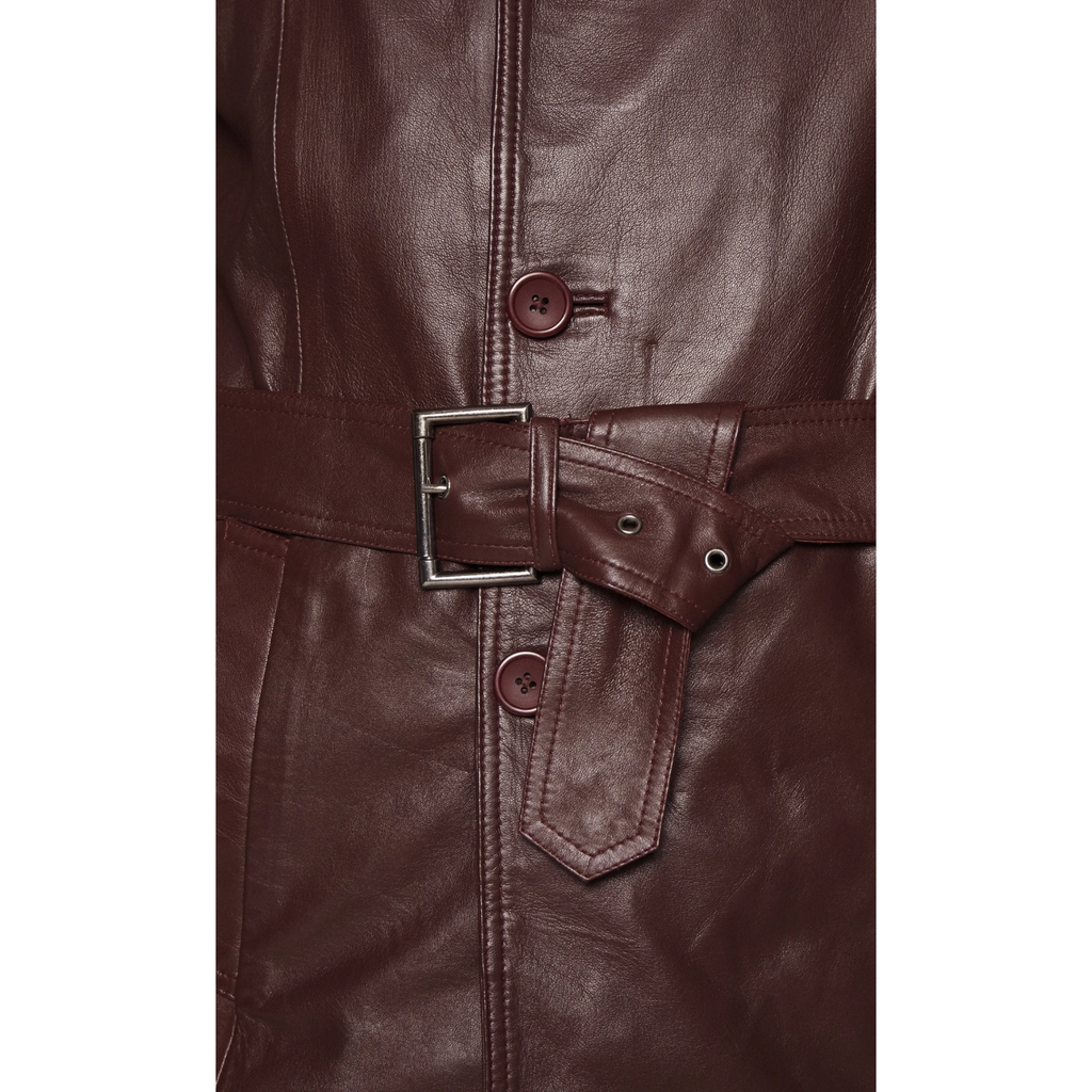 Mens Burgundy Belted Genuine Leather Trench Coat
