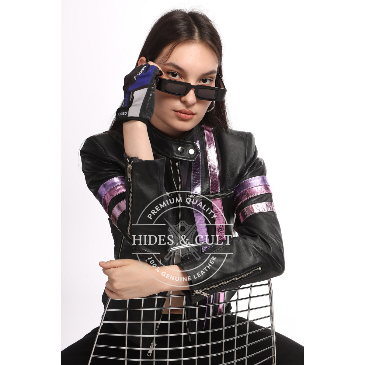 Womens Black Racer Leather Jacket with Metallic Foil Stripes