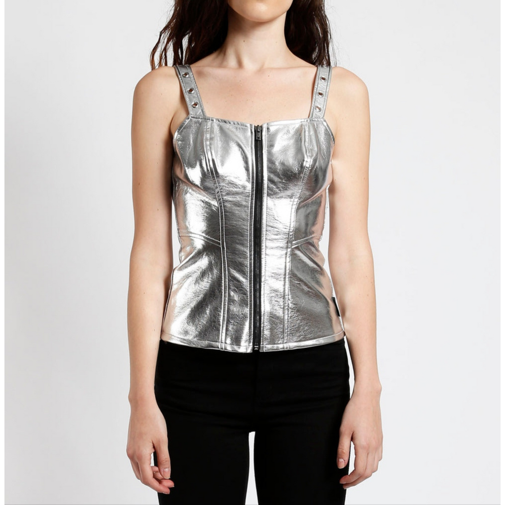 Women's Silver Metallic Foil Leather Zip Corset Top
