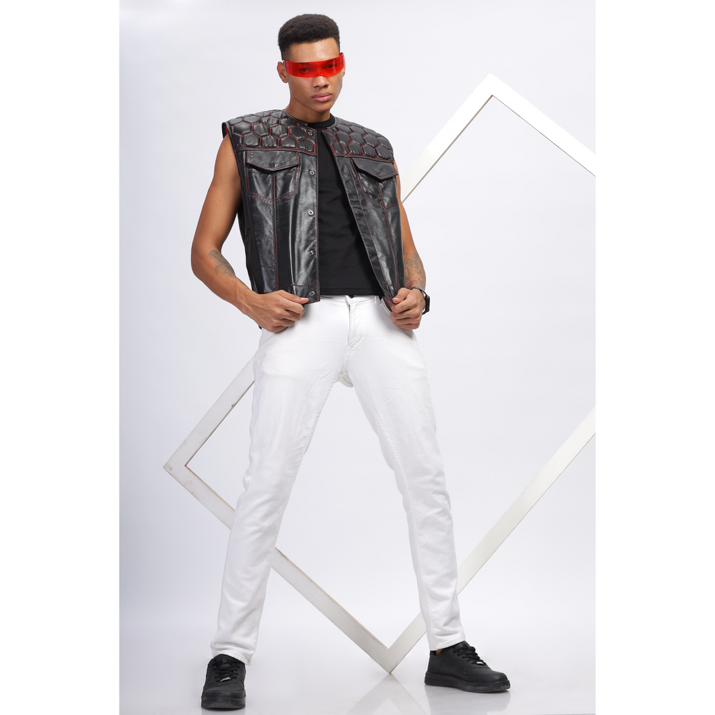 Mens Black Honeycomb Quilted Leather Vest Coat