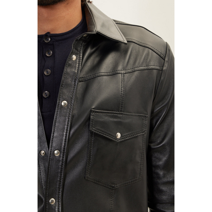 Mens Black Denim Leather Shirt