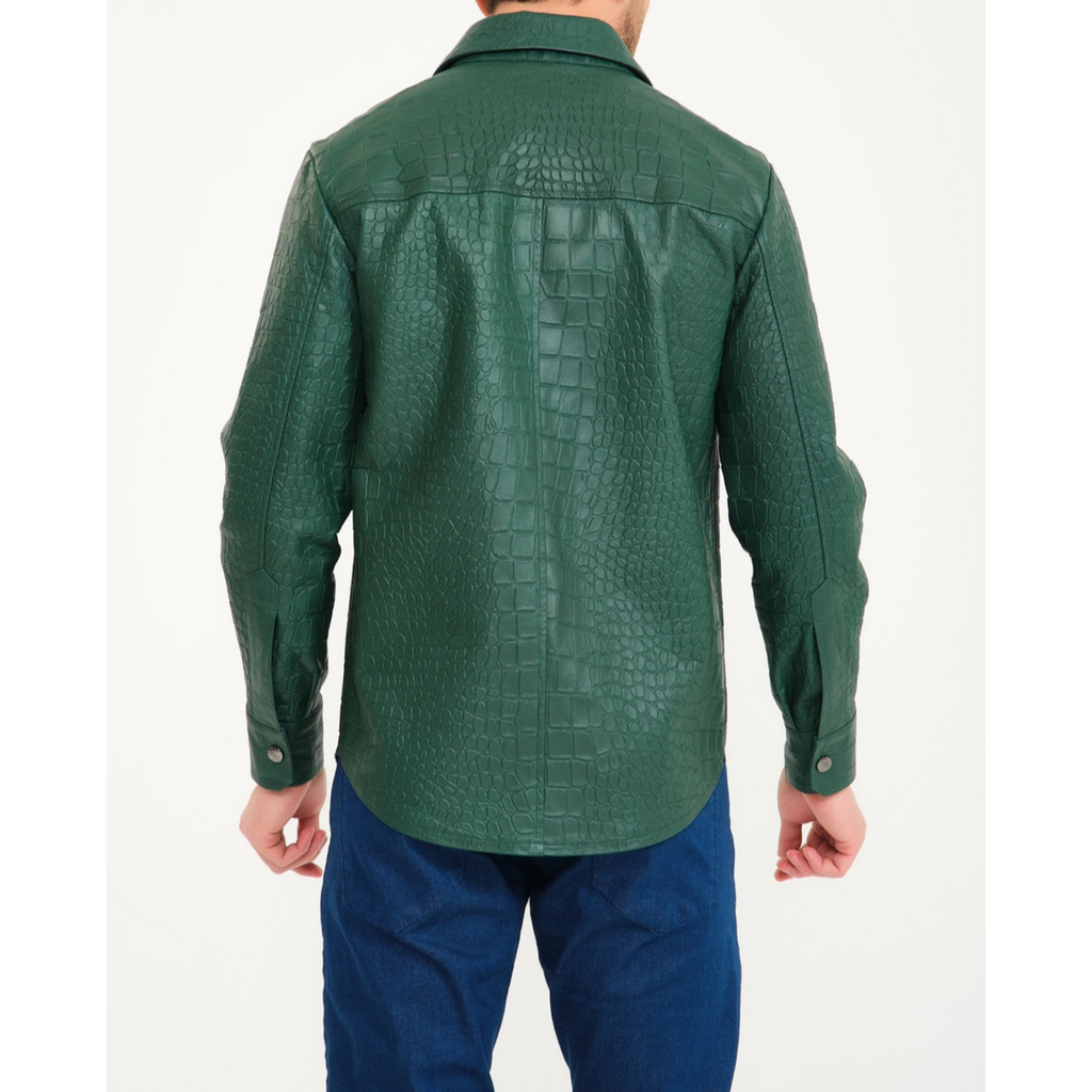 Mens Green Croc Embossed Effect Genuine Lambskin Leather Shirt