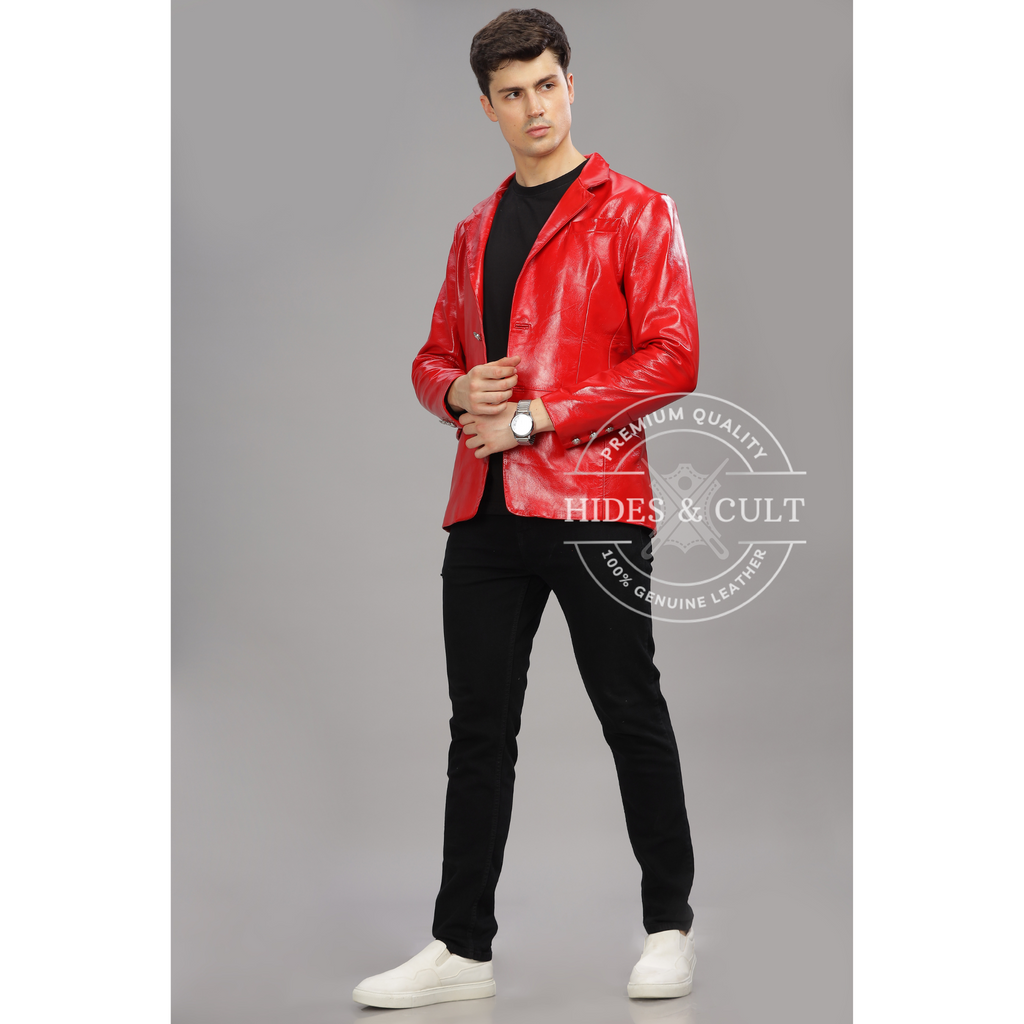 Men's Red Slim Fit Business Leather Blazer