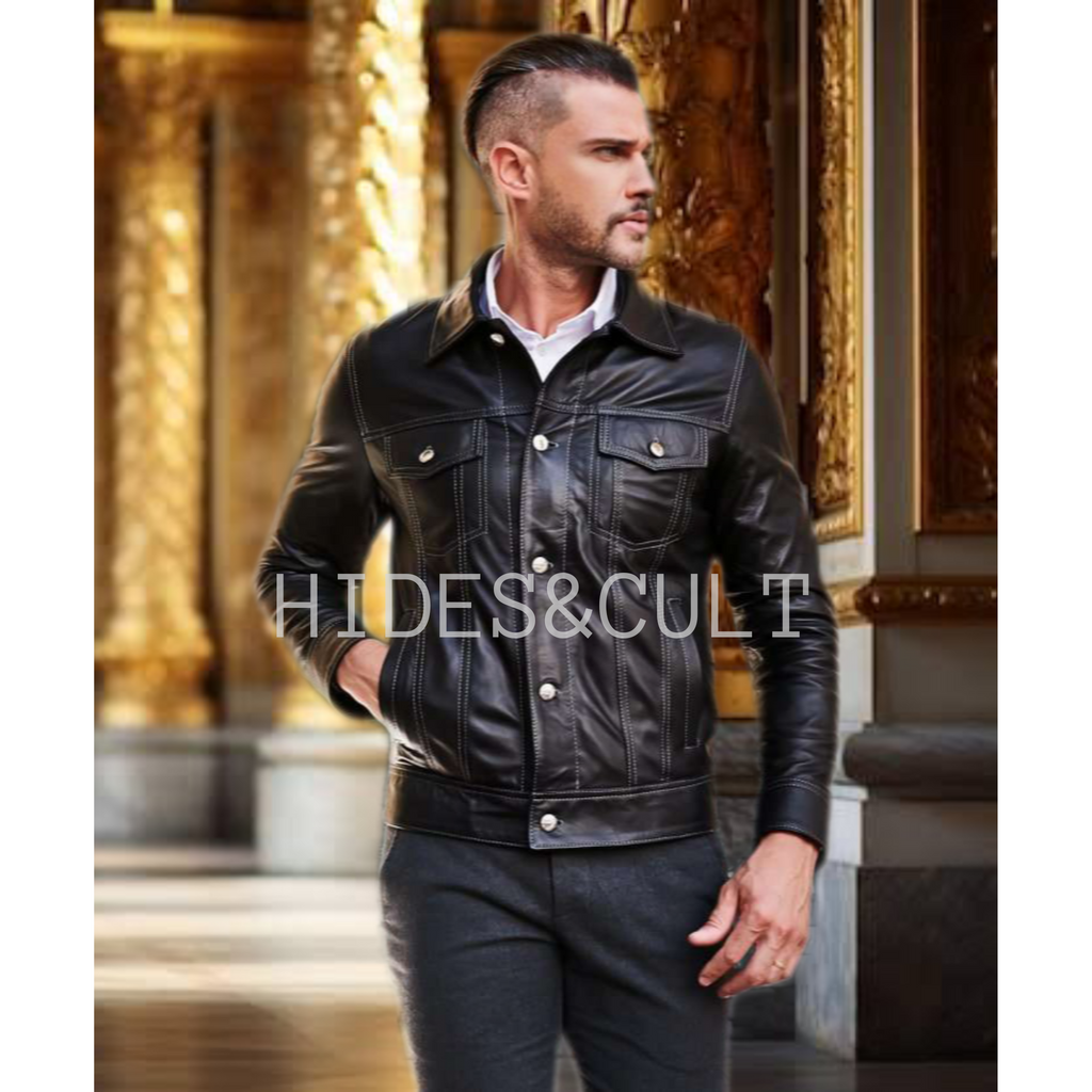 Mens Black Slim Fit Denim Trucker Leather Jacket