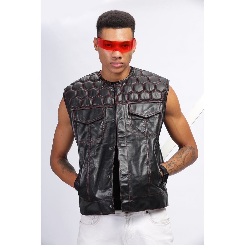 Mens Black Honeycomb Quilted Leather Vest Coat