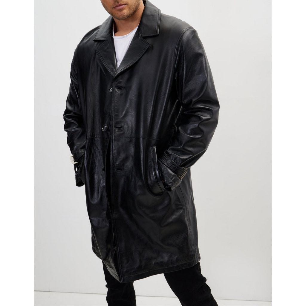 Men's Red Belted Genuine Leather Trench Coat