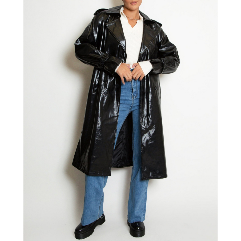 Women's Patent Vinyl Effect Double Breasted Real Leather Trench Coat