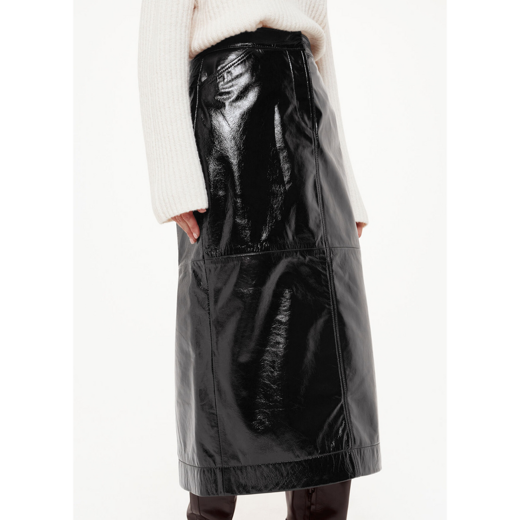 Womens Black Patent Vinyl Effect Panelled A Line Long Leather Skirt